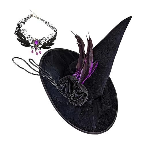 DNCG Schwarzer Hexenhut, 43 x 43 cm, Cosplay-Hut, Zauberer-Kostüm, Spitzhut, Hüte Feder mit Edelstein-Halskette für Karneval, Cosplay und Maskerade, Damen, Teenager, Mädchen DNCG Schwarzer Hexenhut, 43 x 43 cm, Cosplay-Hut, Zauberer-Kostüm, Spitzhut, Hüte Feder mit Edelstein-Halskette für Karneval, Cosplay und Maskerade, Damen, Teenager, Mädchen von DNCG