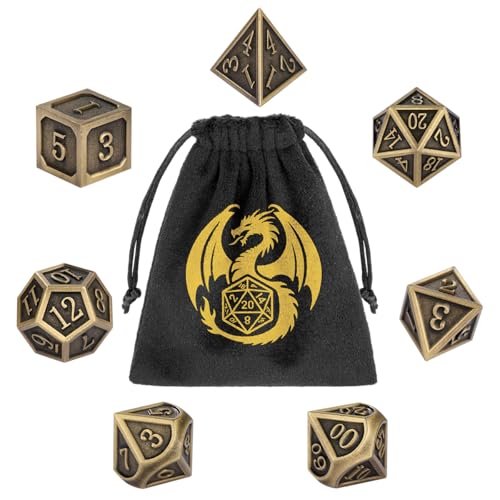 DND Metall Würfel Set, 7-teiliges Polyedrisches Metall Würfel, RPG, MTG, Rollenspiel Brettspiel Zubehör, D&D Geschenke mit Geschenktasche, D20, D12, 2 D10 (00-90 und 0-9), D8, D6 und D4, Bronze von DND DADO