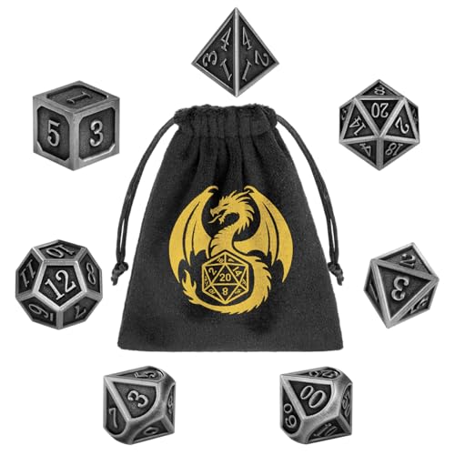 DND Metall Würfel Set, 7-teiliges Polyedrisches Metall Würfel, RPG, MTG, Rollenspiel Brettspiel Zubehör, D&D Geschenke mit Geschenktasche, D20, D12, 2 D10 (00-90 und 0-9), D8, D6 und D4, Dunkel Silber von DND DADO