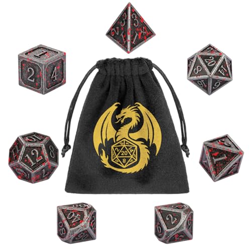 DND Metall Würfel Set, 7-teiliges Polyedrisches Metall Würfel, Rollenspiel Brettspiel Zubehör, D&D Geschenke mit Geschenktasche, D20, D12, 2 D10 (00-90 und 0-9), D8, D6 und D4, Blutbeflecktes Silber von DND DADO