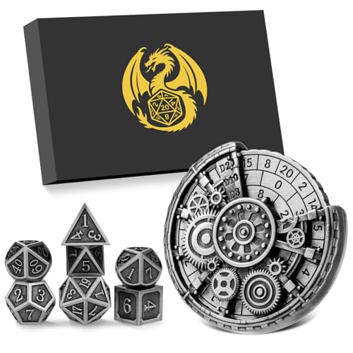 DND Metallwürfelset, 7-in-1 Zahnrad Radwürfel Spinner + 7-teiliges Polyedrisches Metall DND Würfelset, D&D Geschenke mit Drachenlogo Geschenkbox, Tisch Spiele, Rollenspiel Brettspiel Zubehör, Silber DND Metallwürfelset, 7-in-1 Zahnrad Radwürfel Spinner + 7-teiliges Polyedrisches Metall DND Würfelset, D&D Geschenke mit Drachenlogo Geschenkbox, Tisch Spiele, Rollenspiel Brettspiel Zubehör, Silber von DND DADO