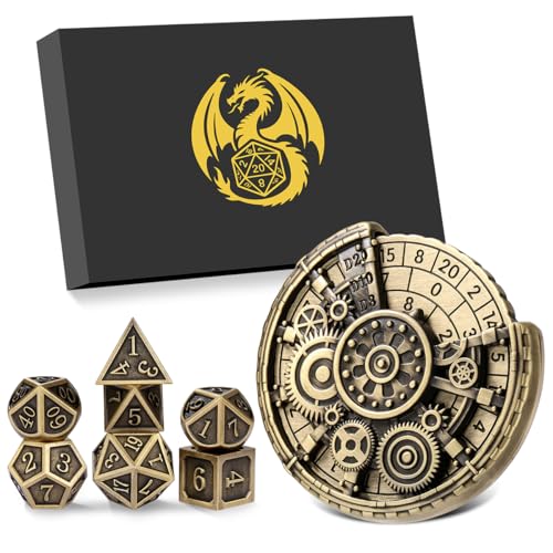 DND Metallwürfelset, 7-in-1 Zahnrad Radwürfel Spinner + 7-teiliges Polyedrisches Metall DND Würfelset, D&D Geschenke mit Drachenlogo Geschenkbox, Tisch Spiele, Rollenspiel Brettspiel Zubehör, Bronze DND Metallwürfelset, 7-in-1 Zahnrad Radwürfel Spinner + 7-teiliges Polyedrisches Metall DND Würfelset, D&D Geschenke mit Drachenlogo Geschenkbox, Tisch Spiele, Rollenspiel Brettspiel Zubehör, Bronze von DND DADO