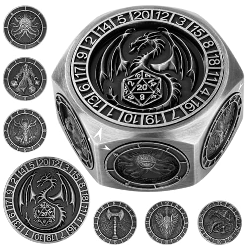 DND Spinner Würfel, 3D-Sechseck Relief, 8-in-1 Metall Würfel Set, D&D Polyedrische Rotierende Spielwürfel, DND Geschenke mit Drachen Logo Geschenkbox, Rollenspiel Brettspiel Zubehör, Dunkel Silber von DND DADO