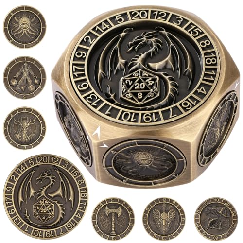 DND Spinner Würfel, 3D-Sechseck Relief Design, 8-in-1 Metall Würfel Set, D&D Polyedrische Rotierende Spielwürfel, DND Geschenke mit Drachen Logo Geschenkbox, Rollenspiel Brettspiel Zubehör, Bronze von DND DADO