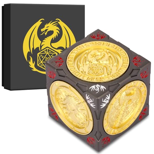 DND Spinner Würfel, 7-in-1 Metall Würfel Set, 3D-Relief Design, DND Polyedrische Rotierende Spielwürfel, D&D Geschenke mit Drachen Logo Geschenkbox, Rollenspiel Brettspiel Zubehör, Dunkelgrau & Gold von DND DADO