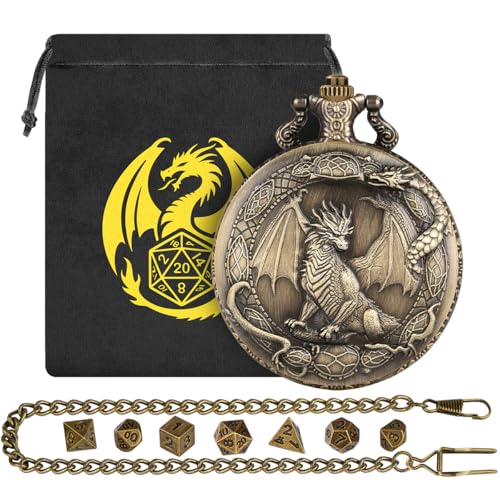 Mini-DND-Würfel-Set mit Rand, stehendem Drachenmuster, Taschenuhrgehäuse, DND-Starter-Set, 7-teiliges polyedrisches Metallwürfel-Set, D&D-Geschenke mit Geschenktasche, Rollenspiel-Zubehör, Bronze von DND DADO