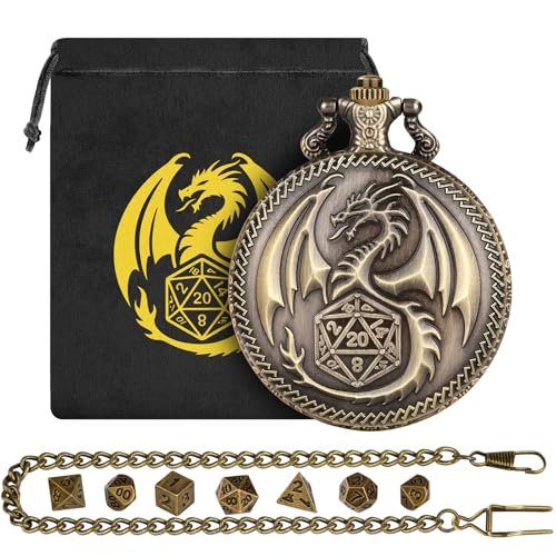 Mini DND Würfel Set mit Steampunk Drachen Taschenuhrgehäuse, 7 teiliger Polyedrischer Metall D&D Würfel, DND Geschenke mit Drachen Logo, Geschenktasche, Rollenspiel, Brettspiel-Zubehör, Bronze von DND DADO