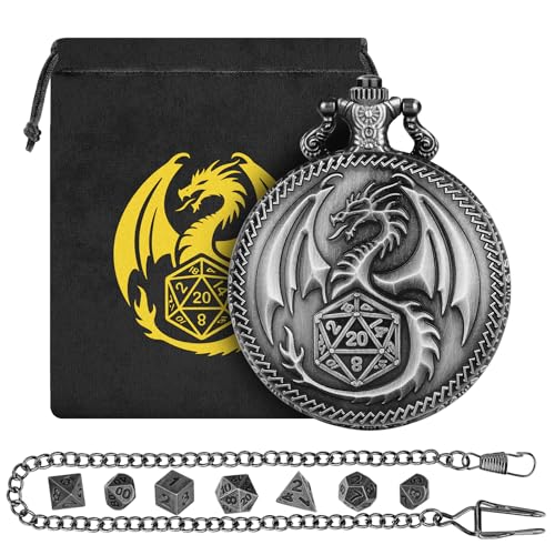 Mini-DND-Würfel-Set mit Steampunk-Drachen-Taschenuhrgehäuse, winziger 7-teiliger polyedrischer Metall-D&D-Würfel, DND-Geschenke mit Drachen-Logo, Geschenktasche, Rollenspiel, Brettspiel-Zubehör, von DND DADO