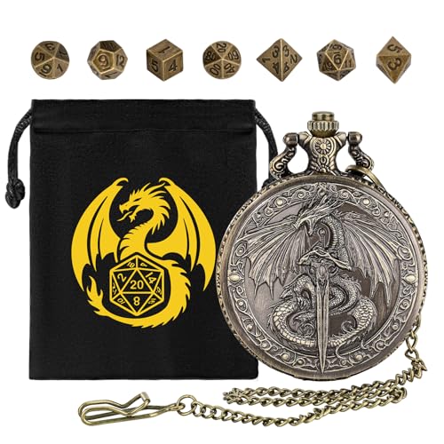 Mini-DND-Würfel-Set mit fliegendem Drachen hält langes Schwert, Taschenuhrgehäuse, 7-teiliges polyedrisches Metallwürfel-Set, D&D-Starterset, DND-Geschenke mit Geschenktasche von DND DADO