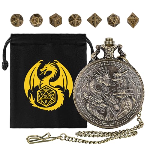 Mini-DND-Würfel-Set mit fünf Drachenköpfen, Taschenuhrgehäuse, DND-Starter-Set, 7-teiliges polyedrisches Metallwürfel-Set, D&D-Geschenke mit Geschenktasche, Rollenspiel-Zubehör, Bronze von DND DADO