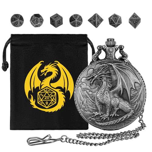 Mini DND Würfel Set, mit Steampunk Stehender Drache Taschenuhrgehäuse, 7-teilige Polyedrische Metall D&D Würfel, DND Geschenke mit Drachen Logo, Geschenktasche, Rollenspiel, Brettspiel-Zubehör, Silber Mini DND Würfel Set, mit Steampunk Stehender Drache Taschenuhrgehäuse, 7-teilige Polyedrische Metall D&D Würfel, DND Geschenke mit Drachen Logo, Geschenktasche, Rollenspiel, Brettspiel-Zubehör, Silber von DND NURD