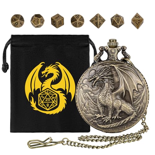 Mini DND Würfel Set, mit Steampunk Stehender Drache Taschenuhrgehäuse, 7-teilige Polyedrische Metall D&D Würfel, DND Geschenke mit Drachen Logo, Geschenktasche, Rollenspiel, Brettspiel-Zubehör, Bronze von DND NURD