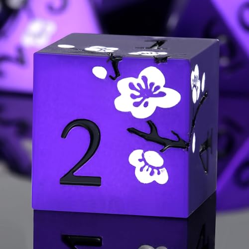 DNDND D&D-Metallwürfel, mattes Violett, 7-teilig, schweres, metallisches DND-Würfel-Set mit wunderschöner Geschenkbox für Dungeons und Drachen-Tischspiele (mattes Lila mit weißen Blumen) von DNDND