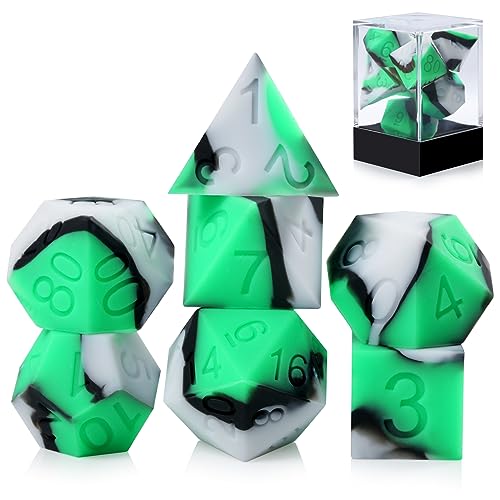 DNDND D&D-Würfel-Set aus Silikon, 7-teilig, Silikongummi mit transparenter Kunststoff-Vitrine für Dungeons and Dragons, Rollenspiele und Tischspiele (grün, schwarz, weiß DNDND D&D-Würfel-Set aus Silikon, 7-teilig, Silikongummi mit transparenter Kunststoff-Vitrine für Dungeons and Dragons, Rollenspiele und Tischspiele (grün, schwarz, weiß von DNDND