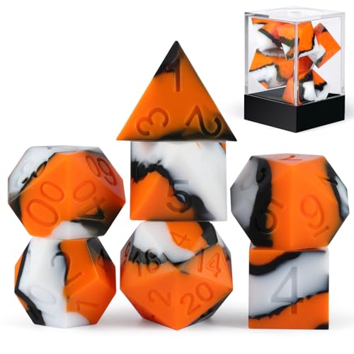DNDND DND-Würfel-Set aus Silikon, 7-teilig, D&D-Würfel-Set mit transparenter Kunststoff-Vitrine für Dungeons and Dragons, Rollenspiele und Tischspiele (Orange, Schwarz, Weiß von DNDND