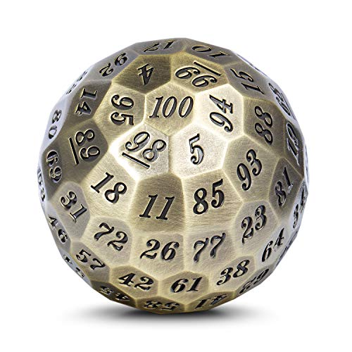 DNDND Metallwürfel D100, 50 mm, 100 Seiten, polyedrische Würfel mit Metallgehäuse und Samtbeutel für Tischspiele (Antik-Optik, mit schwarzer Zahl) von DNDND