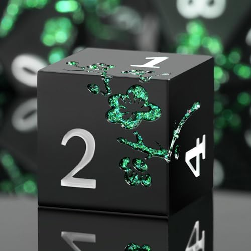 Glitter Green DND Metal Dice, DNDND 7 PCS Flower Metallic DND Dice Set with Grogeous Gift Case for Dungeons and Dragon Tabletop Game (Matte Black with Glitter Green Flower) von DNDND