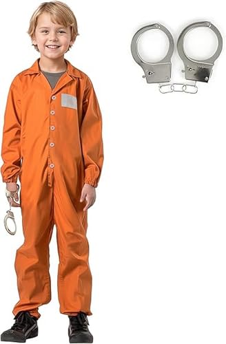 DNQCOS Häftling Kostüm Kinder Orange Gefängnis Overall für Jungen Halloween Kostüm mit Handschellen (10-12 Jahre) von DNQCOS
