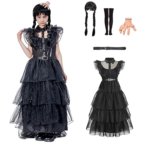 DNQCOS Schwarze Halloween Kostüme Kleid Mädchen Cosplay Weihnachtsfeier mit Perücken Cosplay Halloween Mädchen Schwarzes Blumenkleid Outfit (7-9 Years) (Black, 7-9 Years) von DNQCOS