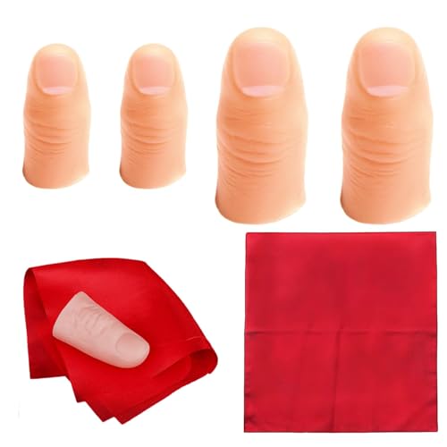 DNSHAN 4 Stück Zaubertrick Finger, Zauberdaumen Trick, Finger Zauber Tricks, Zauber Zubehör Finger, Zauber Tricks Künstliche Finger und 1 Stück Rot Training Tuch für Zauberartikel Party von DNSHAN