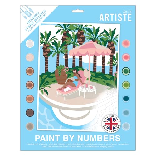 Artiste Großes Malen nach Zahlen, Poolside, Sommerhandwerk, 395 x 295 mm, Tafel, 14 Acrylfarben, 3 Größen, Pinsel-Set für Erwachsene, Hobbys, Basteln, Zahlencodiertes Design, personalisierte Kunst Artiste Großes Malen nach Zahlen, Poolside, Sommerhandwerk, 395 x 295 mm, Tafel, 14 Acrylfarben, 3 Größen, Pinsel-Set für Erwachsene, Hobbys, Basteln, Zahlencodiertes Design, personalisierte Kunst von DOCRAFTS ARTISTE
