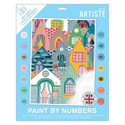 DOCRAFTS ARTISTE Großes Malen nach Zahlen, Reihenhäuser, Sommerhandwerk, 395 x 295 mm, Tafel, 14 Acrylfarben, 3 Größen, Pinsel-Set für Erwachsene, Hobbys, Basteln, Zahlencodiertes Design von DOCRAFTS ARTISTE