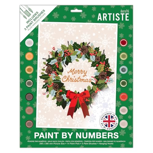 DOCRAFTS ARTISTE Großes Malen nach Zahlen, Weihnachtskranz, Weihnachtsbasteln, 395 x 295 mm, Tafel, 14 Acrylfarben, 3 Größen, Pinsel-Set, Erwachsene, Hobby-Handwerk, Zahlencodiertes Design von DOCRAFTS ARTISTE