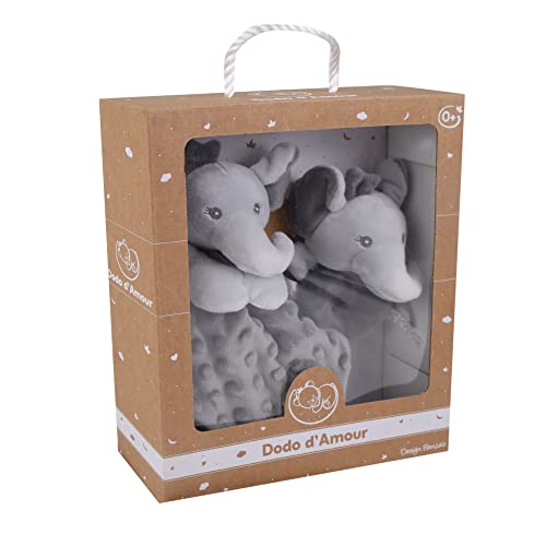 DODO D'AMOUR - Set aus quadratischem Kuscheltier und Rassel - Elefant - 012191 - Grau - Gepolstert - Geburt - Plüschtier - Baby - Beruhigend - Weich - Waschbar - 29 cm x 22 cm - Ab 0 Monaten. von DODO D'AMOUR