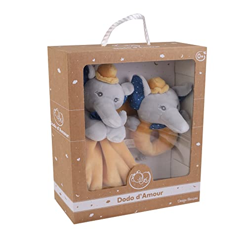 DODO D'AMOUR - Set aus quadratischem Kuscheltier und Rassel - Elefant - 027191 - Senf - Fleece - Geburt - Plüschtier - Baby - Beruhigend - Weich - Waschbar - 29 cm x 22 cm - Ab 0 Monaten. von DODO D'AMOUR