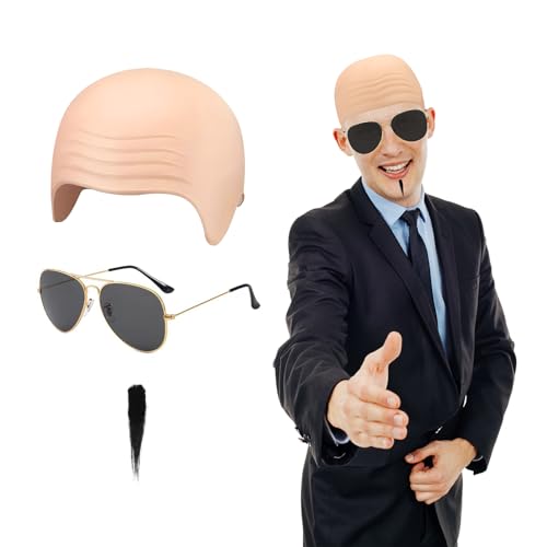DOINEUFL Glatzenmütze für Erwachsene, Mr Worldwide Zubehör Set, Nude Glatze, schwarze Sonnenbrille, schwarzer Seelenaufnäher, Unisex Musik-Ikone Berühmte Promi-Kostüm-Zubehör-Set von DOINEUFL