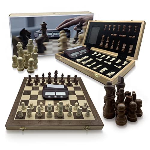 DOJA Barcelona | Klappbar Schachspiel Holz mit Schachuhr | 39x39 | Profi Schachbrett Hochwertig für unterwegs mit Digital Uhr | Staunton Brettspiel | Schach Magnetisch/Chess Board Set von DOJA Barcelona