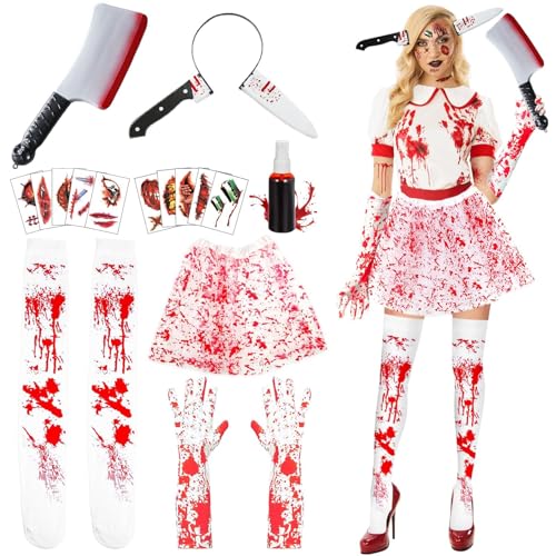 18 PCS Halloween Blut Kostüm Damen Set Tutu-Röcken Künstliches Plasma Blutbefleckten Handschuhe Strümpfe Messer-Haarband Handschuhen Tattoo-Aufklebern Horror Karnevalskostüme Damen Für Party Cosplay von DONCOO