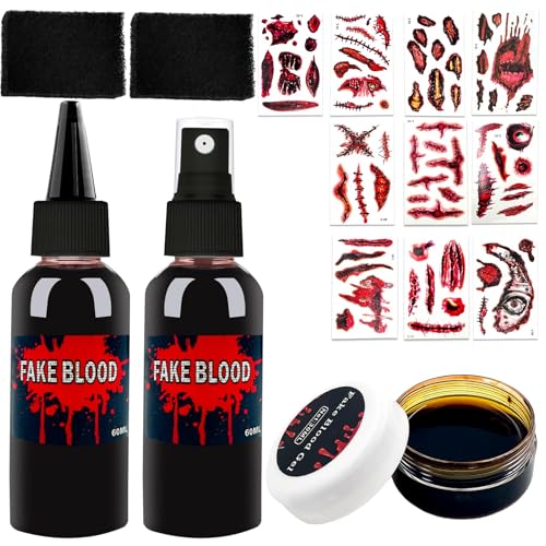 Halloween kunstblut Kit, mit 1 Kunst Blutspray und Tropfendes Kunstblut, 1 Koaguliertes Kunstblut,10 Blatt Halloween Narben Tattoos,2 Stipple Schwamm,Abwaschbar,Halloween Schminke Erwachsene Kinder von DONCOO