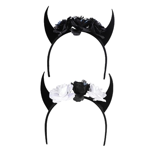 DONFAMDS 2 Stück Teiliges Halloween Haarband mit Hörnern Schädel und Blumen Robuste Kopfbedeckung für Party Cosplay und Kostüm Vielseitiger Schmuck für Halloween und Geburtstagspartys von DONFAMDS