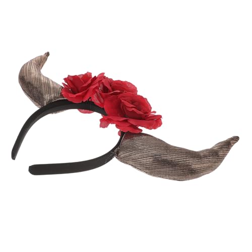 DONFAMDS Rotes Horn Haarreif mit Rosenblüten für Damen Day Of The Dead Festival Kopfschmuck Einzigartiges Party accessoire Bequemes Material für Cosplay und Festlichkeiten von DONFAMDS