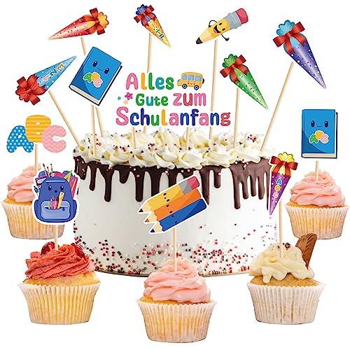 Schuleinführung Kuchen Dekorationen,12 Stück Schulanfang Kuchendeko,Tortendeko Einschulung, Cupcake Topper Dekorationen, für Schulkind Junge Mädchen Geschenk und Tortendeko Schulanfang Party Deko von DONGSZQ