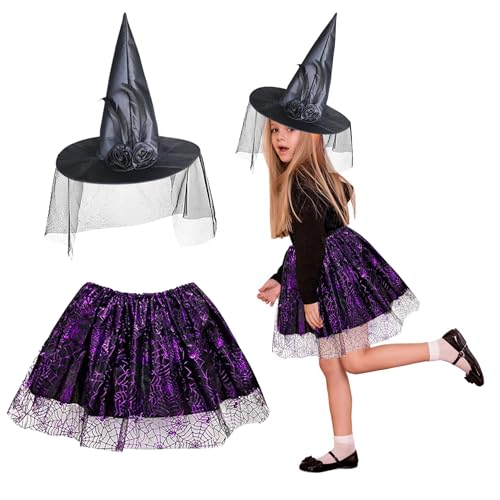 DONGSZQ Hexenkostüm Kinder, Hexenkostüm Mädchen, Lila Hexenrock mit Hexenhut, Hexe Kostüm Kinder für Halloween Karneval Maskerade Cosplay Party von DONGSZQ