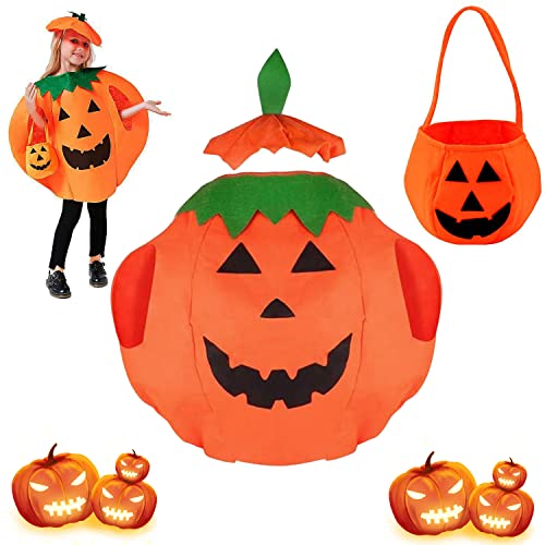 DONGSZQ 3 Stück Kürbis Kostüm, Halloween Kürbiskostüm, Kinder Kürbis Kostüm, Baby Kürbis Kostüm Halloween mit hut Pumpkin Candy Bag, für Halloween Cosplay Party Kleidung für Mädchen Jungen von DONGSZQ