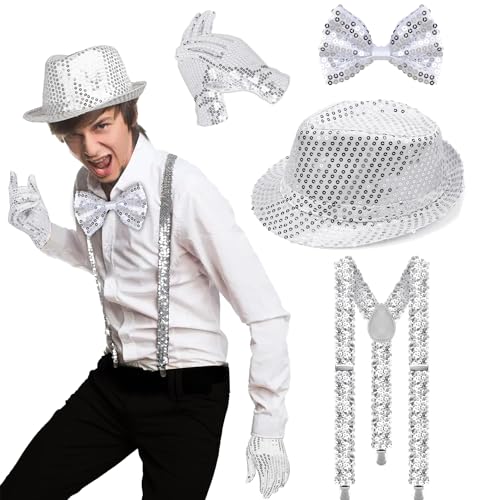 DONGSZQ 4 Stück Glitzer Kostüm Herre, Herren Pailletten Hosenträger Set, Mit Glitzer Hosenträger, Pailletten Fliege, Handschuhe, Silber Jazz Hut, Für Fasching Party Dance Performance DONGSZQ 4 Stück Glitzer Kostüm Herre, Herren Pailletten Hosenträger Set, Mit Glitzer Hosenträger, Pailletten Fliege, Handschuhe, Silber Jazz Hut, Für Fasching Party Dance Performance von DONGSZQ