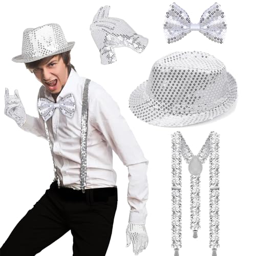 Herren Pailletten Hosenträger Set, 4 Stück Glitzer Kostüm Herre ,mit Pailletten Hosenträger,Pailletten Fliege, Handschuhe, Silber Jazz Hut, für Karneval Mottoparty JGA Herren Damen Kostüm Zubehör von DONGSZQ