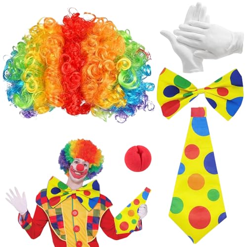 Clown Kostüm Set, 5 Stück Clown Kostüm Accessoire Clown Lockenperücke Clown Nase Handschuhe Bunte Krawatte Bunte Fliege für Halloween Cosplay Party Karneval Zirkusshow von DONGSZQ