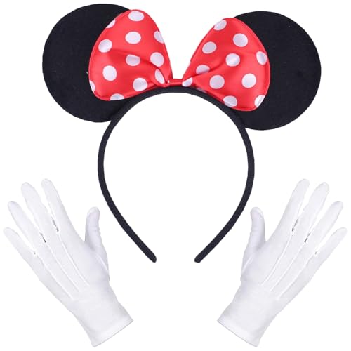 DONGSZQ Maus Ohren Haarreif, 2 Stk Haarreifen mit Maus Ohren Rote Schleife und Schwarz + weiße Handschuhe, für Karneval Cosplay, Fasching, Halloween Party Kostüme Accessoire von DONGSZQ
