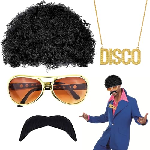 DONGSZQ Perücke Disco Hippie Kostüm Set, 4 Stück Disco Hippie Kostüm Set, Herren Hippie Perücken Kostüm Zubehör Set, 70's 80' s Jahre Hippie Kostüm Perücke Zubehör für Cosplay, Karneval, Themen Party von DONGSZQ