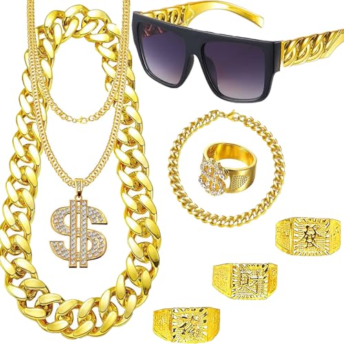 DONGZQAN 8 Stück Gangster Zuhälter Kostüm Goldkette Fasching, Hip Hop Rapper Kostüm, 80er/90er Jahre Outfit Herren, Dollar Kette/Große Goldene Kette/Dollar Ring/Goldenes Armband DONGZQAN 8 Stück Gangster Zuhälter Kostüm Goldkette Fasching, Hip Hop Rapper Kostüm, 80er/90er Jahre Outfit Herren, Dollar Kette/Große Goldene Kette/Dollar Ring/Goldenes Armband von DONGZQAN