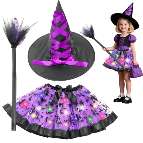 DONGZQAN 3 Stück Halloween Kostüm Kinder Hexe, Hexenkostüm Kinder, Halloween Kostüm Mädchen, Halloween-Hexenkostüm Mit Puffrock, Besenstiel und Hexenhut, Karneval-Party-Accessoires von DONGZQAN