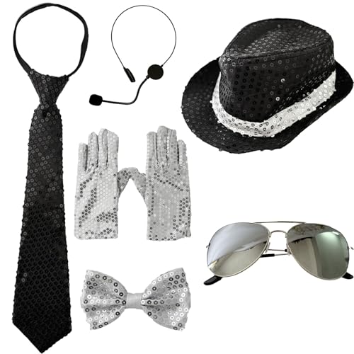 DONGZQAN 7PCS Glitzer Outfit Herren Glitzer Kostüm, Fasching Kostüm Herren, Disco Outfit Herren, Glitzer Accessoires Herren, Glitzer Hut Herren für Fasching Party Dance Performance(Schwarz) von DONGZQAN