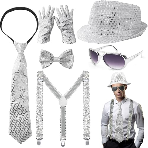DONGZQAN 7PCS Glitzer Outfit Herren Glitzer Kostüm, Fasching Kostüm Herren, Disco Outfit Herren, Glitzer Accessoires Herren, Glitzer Hut Herren für Fasching Party Dance Performance (Silber) von DONGZQAN