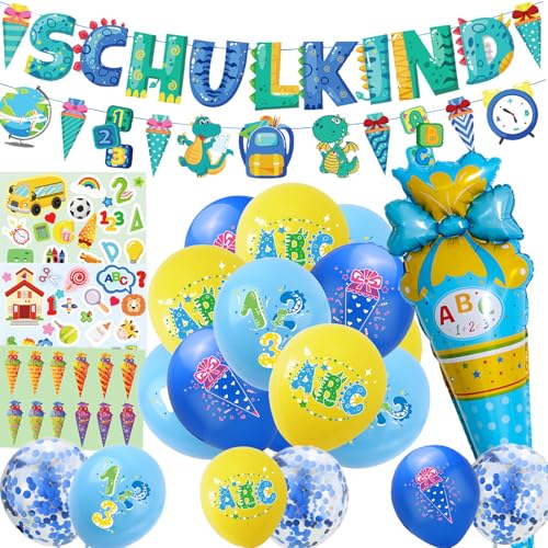 Deko Einschulung Junge 2025, Deko Schulanfang Junge, Schulkind Banner + 1 Einstiegskegel Ballon + 22 Luftballons + 3 Aufkleber Schulanfang Schuleinführung Deko (blau) von DONGZQAN