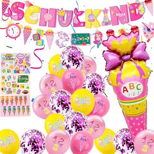 Deko Einschulung Mädchen 2025, Deko Schulanfang Mädchen, Schulkind Banner + 1 Einstiegskegel Ballon + 22 Luftballons + 3 Aufkleber Schulanfang Schuleinführung Deko (Rosa) von DONGZQAN