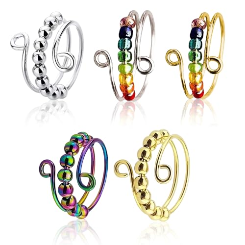 5 Stück Skill Ringe,Adhs Ring,Verstellbare Anti Stress Ring,Skills Set Stress Erwachsene,Fidget Spielzeug,Angst Spinning mit Perlen,Offene Spinner Damen,Anxiety Stressringe für Mädchen und Frauen 5 Stück Skill Ringe,Adhs Ring,Verstellbare Anti Stress Ring,Skills Set Stress Erwachsene,Fidget Spielzeug,Angst Spinning mit Perlen,Offene Spinner Damen,Anxiety Stressringe für Mädchen und Frauen von DONOONIS
